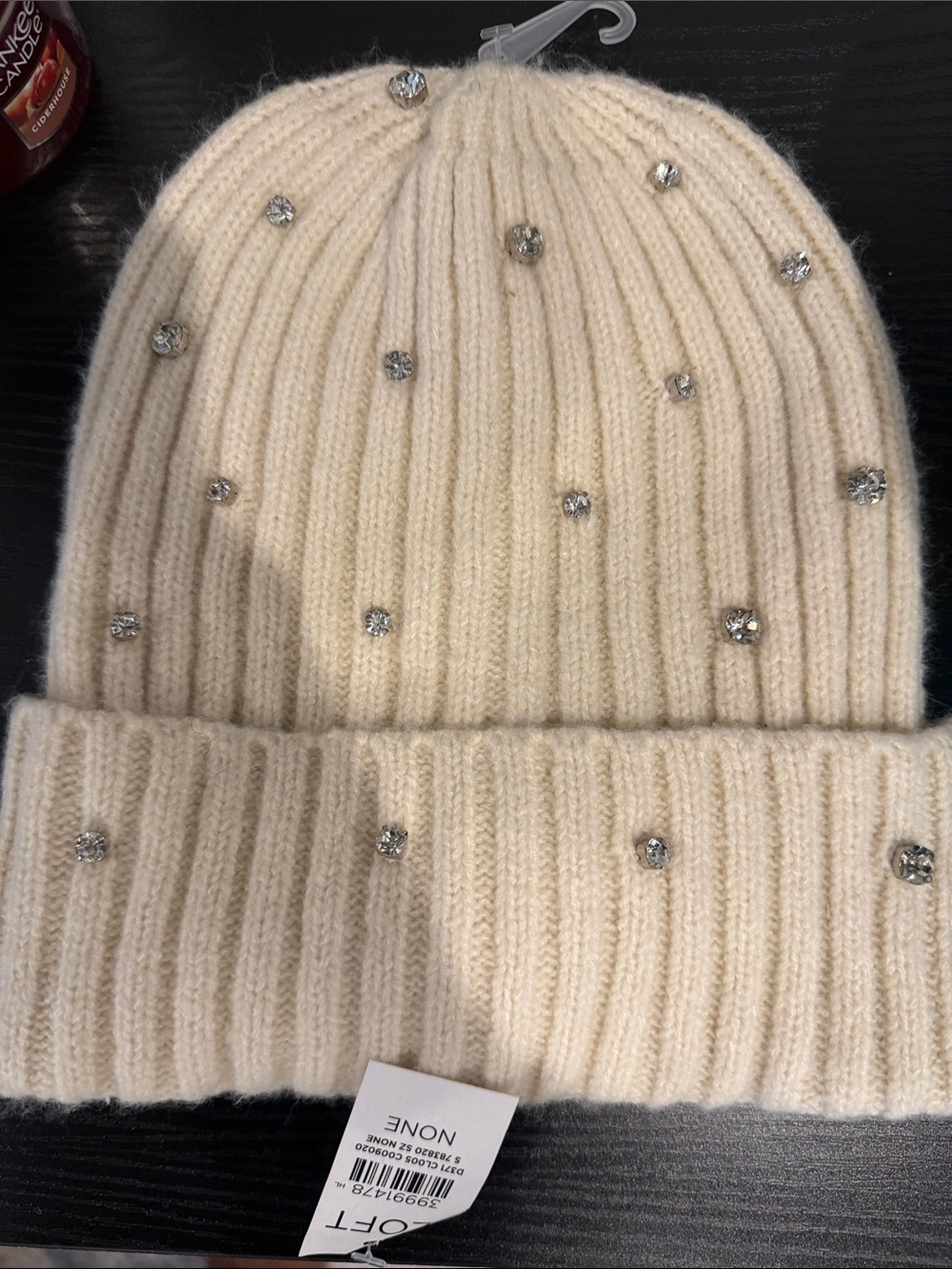 LOFT Cream Ribbed Beanie with Crystal Studs